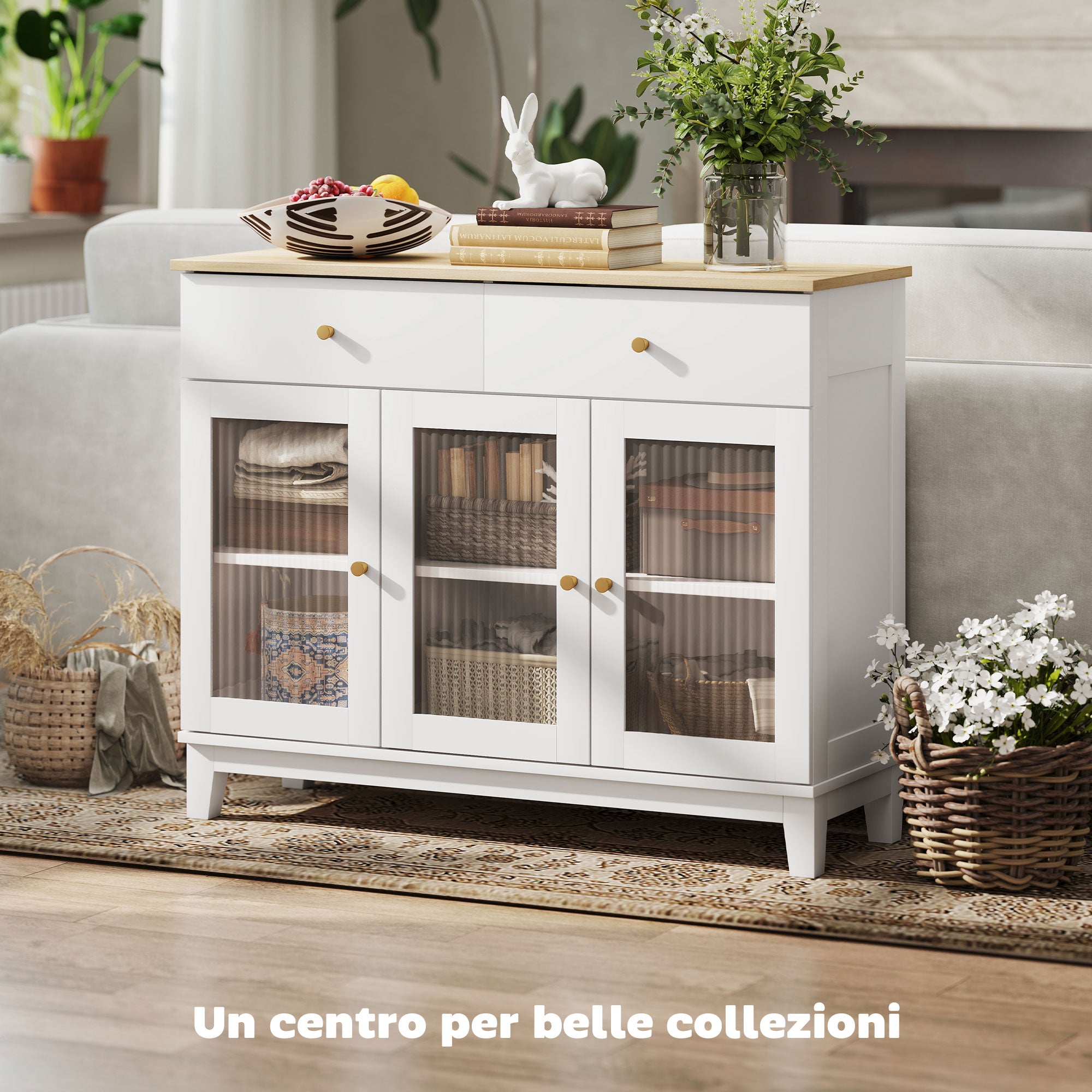 Kitchen Sideboard Cabinet Buffet with Glass Doors, 100x35x80.3 cm, White and Oak