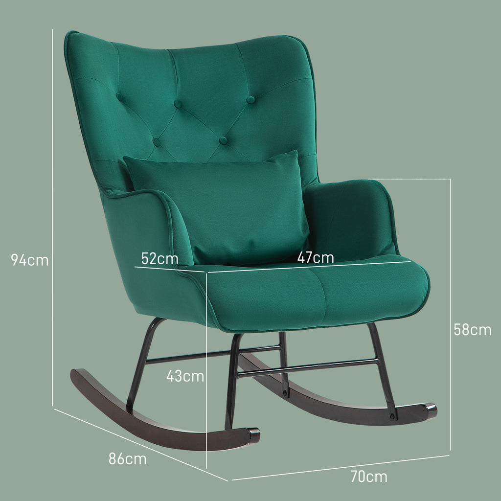 High Back Velvet Rocking Chair with Buttons, Cushion and Armrests, Green