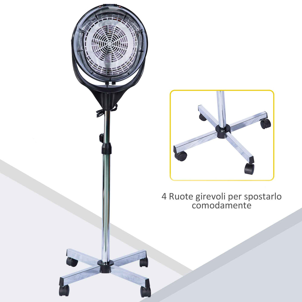 HOMCOM 1180W Adjustable Height Hood Hair Dryer, Hair Dryer with 60-Minute Timer and Swivel Wheels, Made of PP, PC and Steel, 65x65x115-165 cm, White