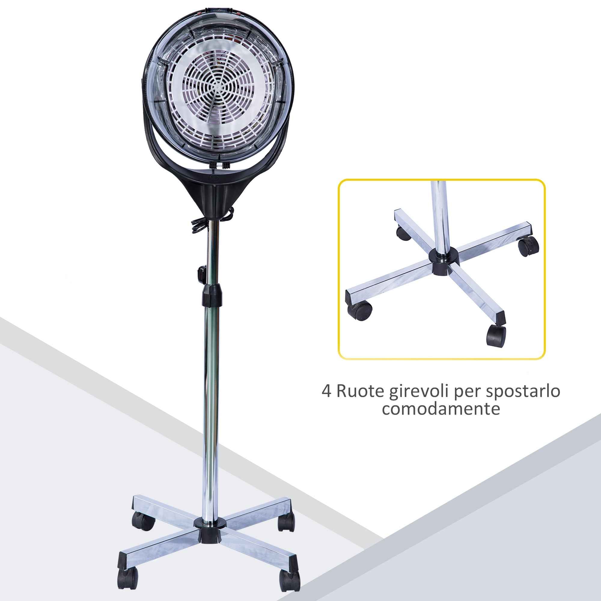 HOMCOM 1180W Adjustable Height Hood Hair Dryer, Hair Dryer with 60-Minute Timer and Swivel Wheels, Made of PP, PC and Steel, 65x65x115-165 cm, White