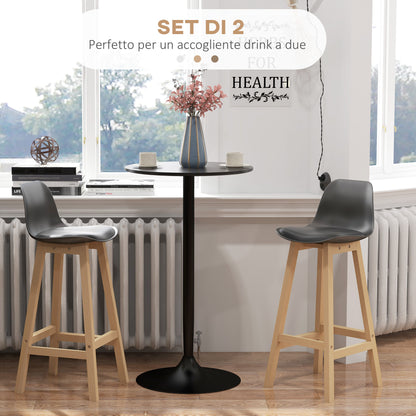 Set of 2 Bar Stools with Faux PU Leather Cushion, Wooden Legs and Footrest, Black