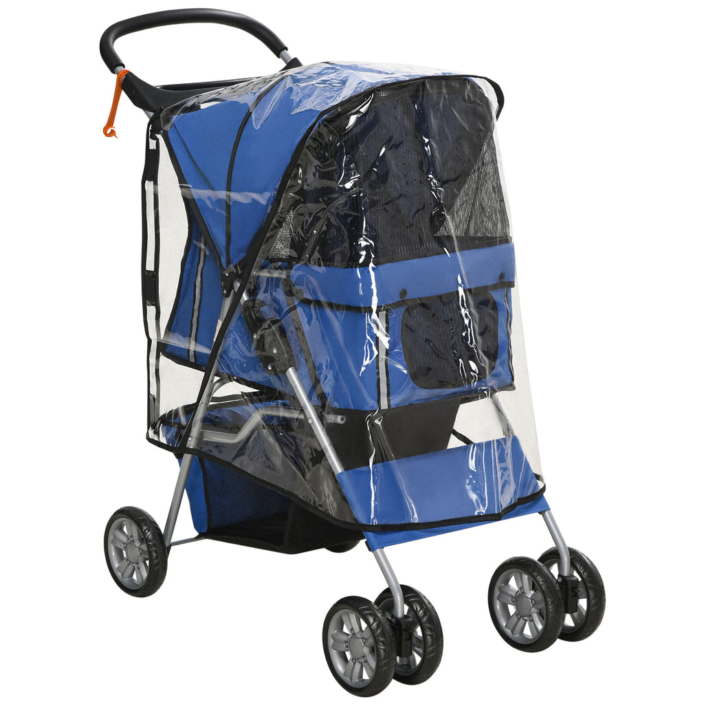Folding Dog Stroller with Rain Cover, Swivel Wheels and Brakes, Blue