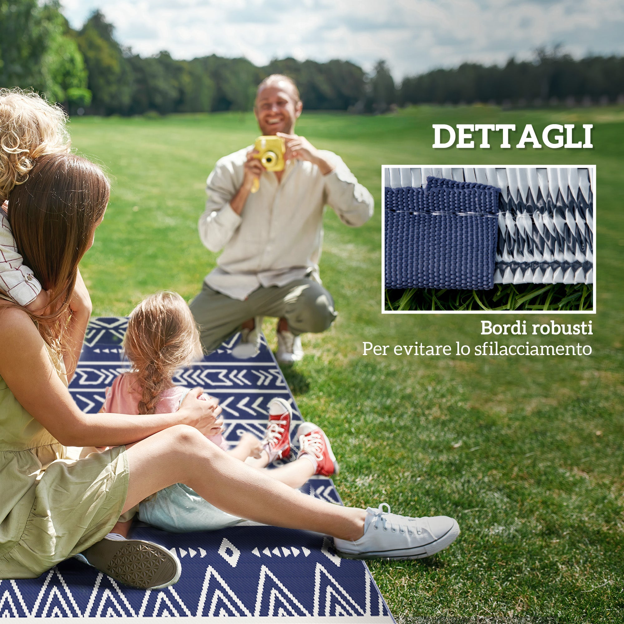 Reversible Geometric Style Outdoor Rug with Carry Bag, 182x274 cm, Blue and White