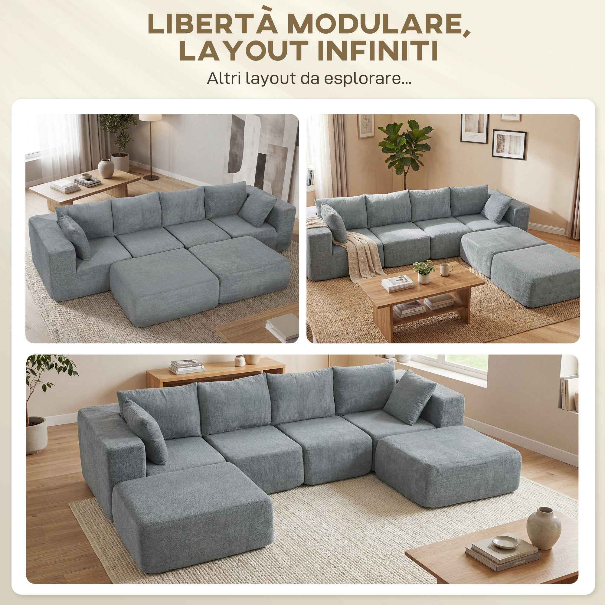 Modular Corner Sofa in Velvet Fabric with Cushions, 294x165x70 cm, Dark Grey