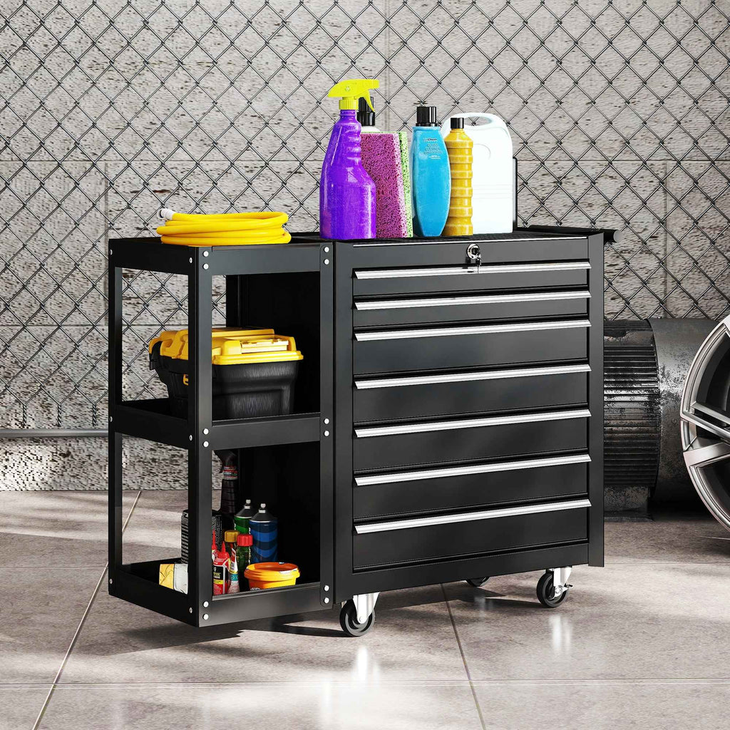 HOMCOM Steel Tool Cart with 7 Drawers, Detachable Side Shelf, Wheels, 120kg Capacity, Black