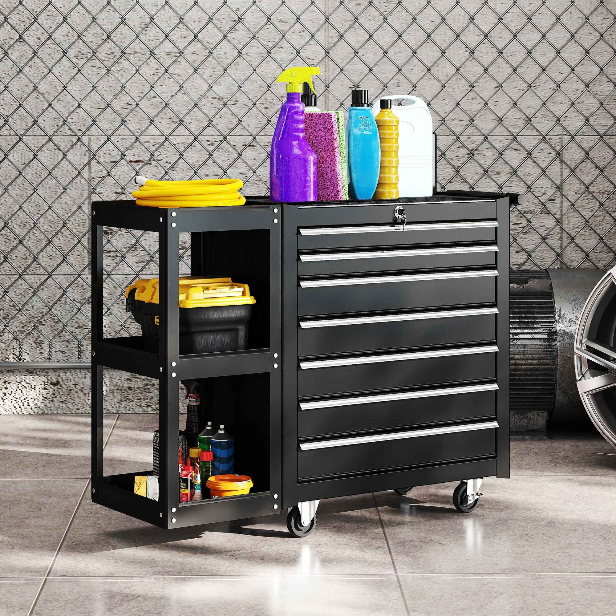 HOMCOM Steel Tool Cart with 7 Drawers, Detachable Side Shelf, Wheels, 120kg Capacity, Black