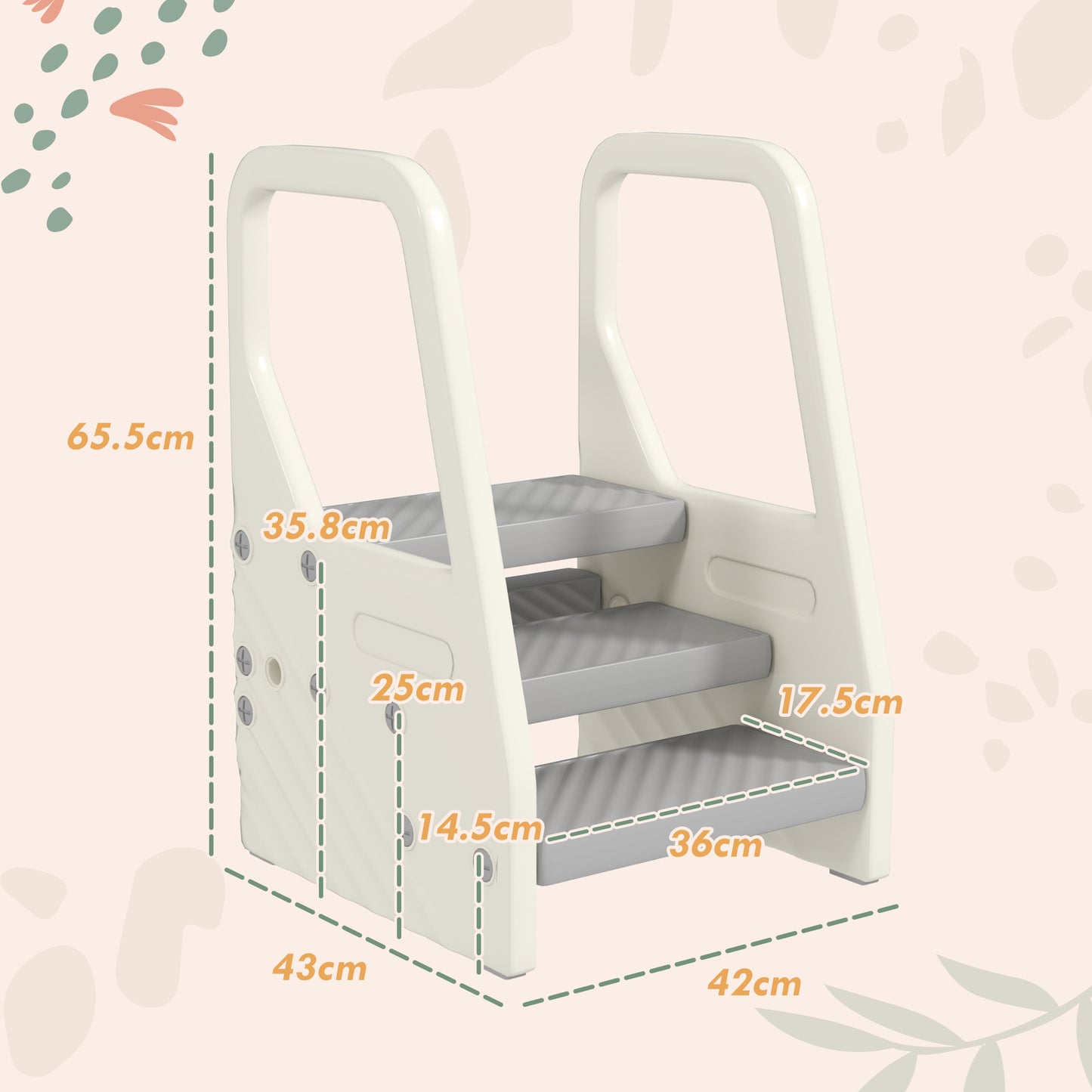 Children's Step Stool 2-5 Years 3 Steps in HDPE, 43x42x65.5 cm, Grey and Cream White