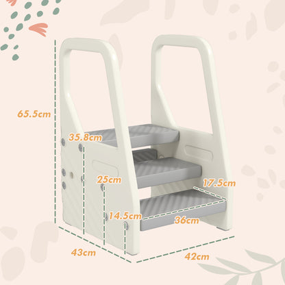 Children's Step Stool 2-5 Years 3 Steps in HDPE, 43x42x65.5 cm, Grey and Cream White