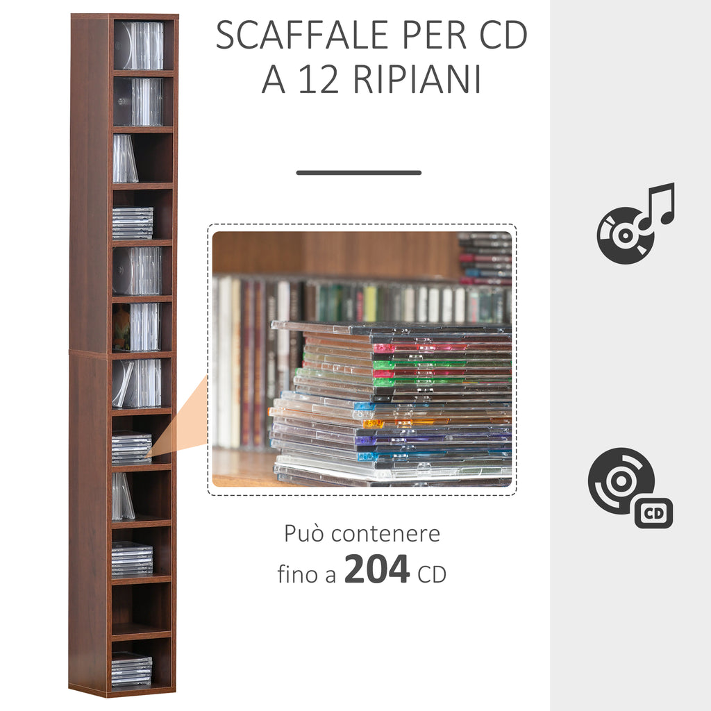 12-Tier CD Rack for 204 CDs, Bookcase for CDs, Video Games, Blu-ray Discs in MDF and Chipboard, 21x20x175 cm, Brown