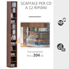 12-Tier CD Rack for 204 CDs, Bookcase for CDs, Video Games, Blu-ray Discs in MDF and Chipboard, 21x20x175 cm, Brown