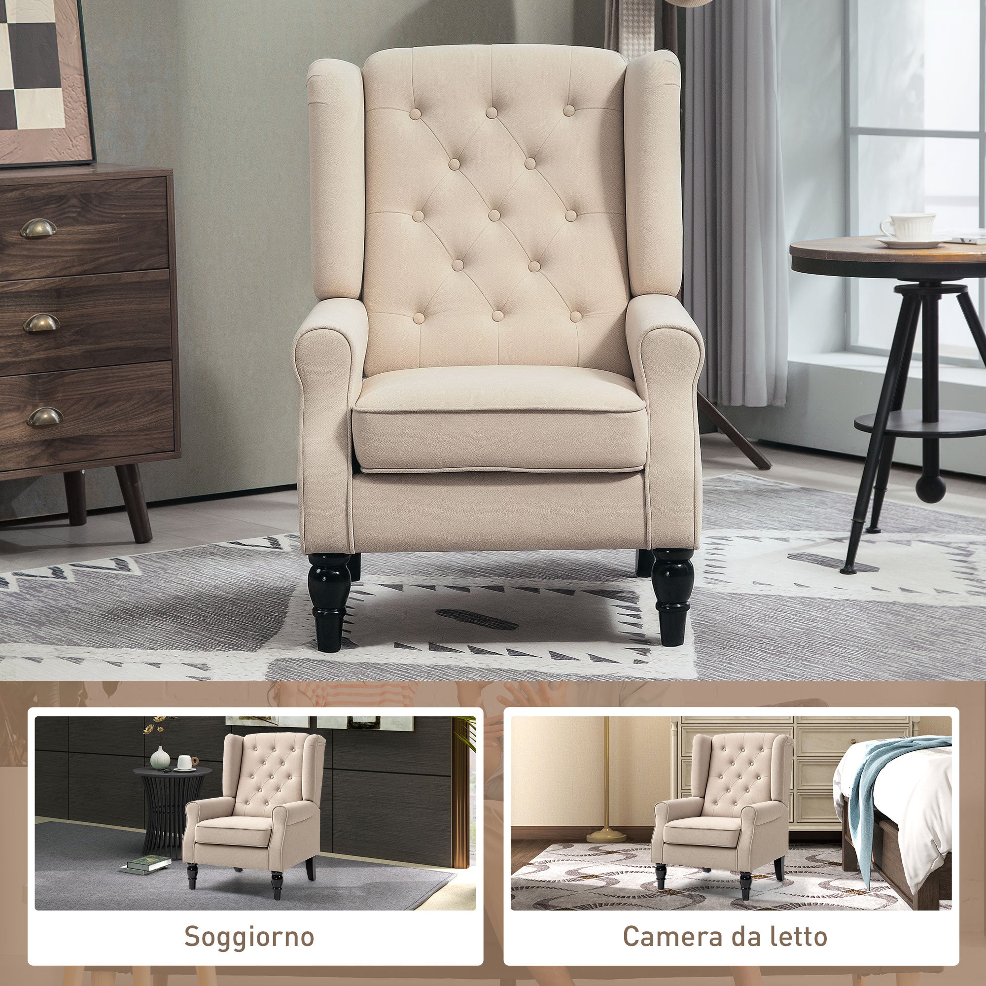 French Style Living Room Armchair with Padded Seat and Cushions, Polyester, 74x86x102 cm, Beige