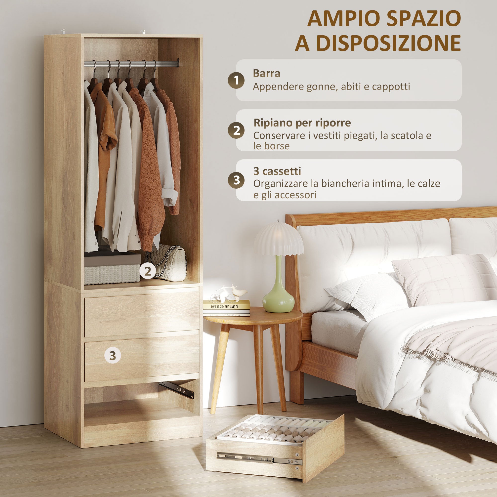 Wardrobe with Clothes Rail, Open Shelf and 3 Drawers, in Wood, 60x48.5x185 cm, Teak color