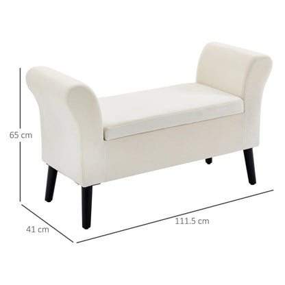 Storage Bench with Armrests, in Velvet Effect Fabric and Wood, 111.5x41x65 cm, Cream White