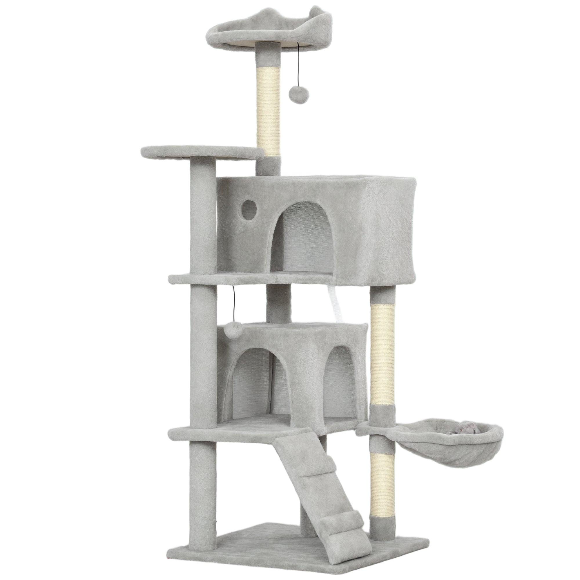 Cat Tree, 140 cm Tall, with 2 Cat Houses, Hammock, Bed and Sisal Posts, Grey