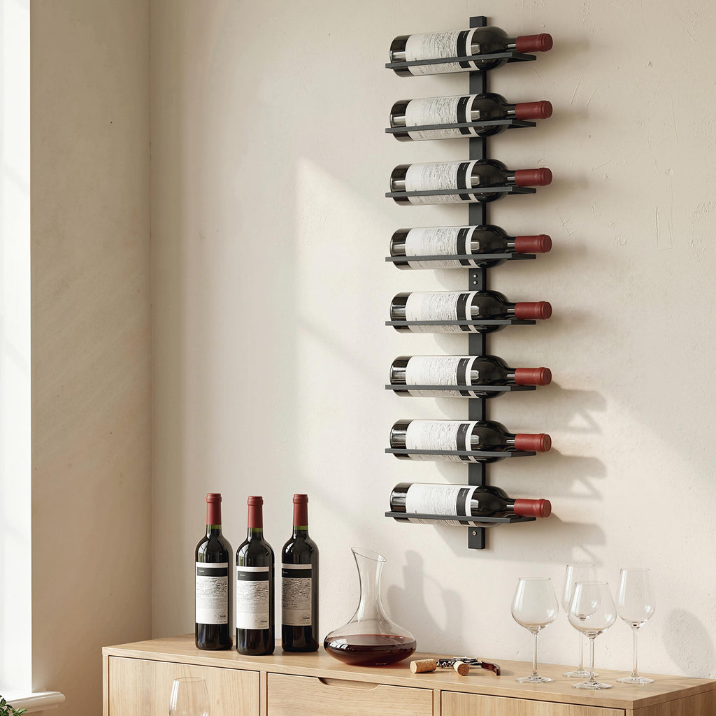 HOMCOM Wall-Mounted Steel Wine Rack for 8 Bottles, Kitchen and Living Room, 27 x 10 x 93.5 cm, Black