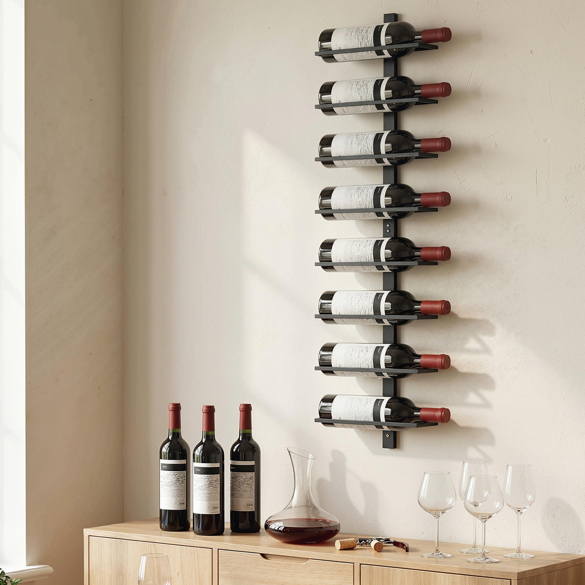 HOMCOM Wall-Mounted Steel Wine Rack for 8 Bottles, Kitchen and Living Room, 27 x 10 x 93.5 cm, Black