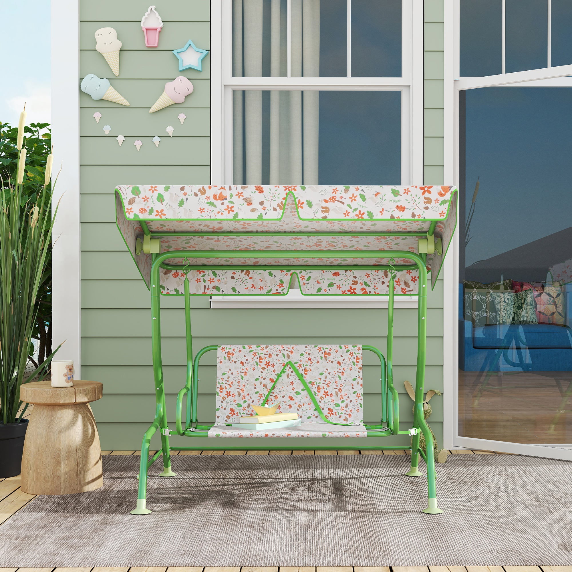 2-Seater Outdoor Children's Swing with Adjustable Canopy and Safety Belts, 112x75x120 cm, Green