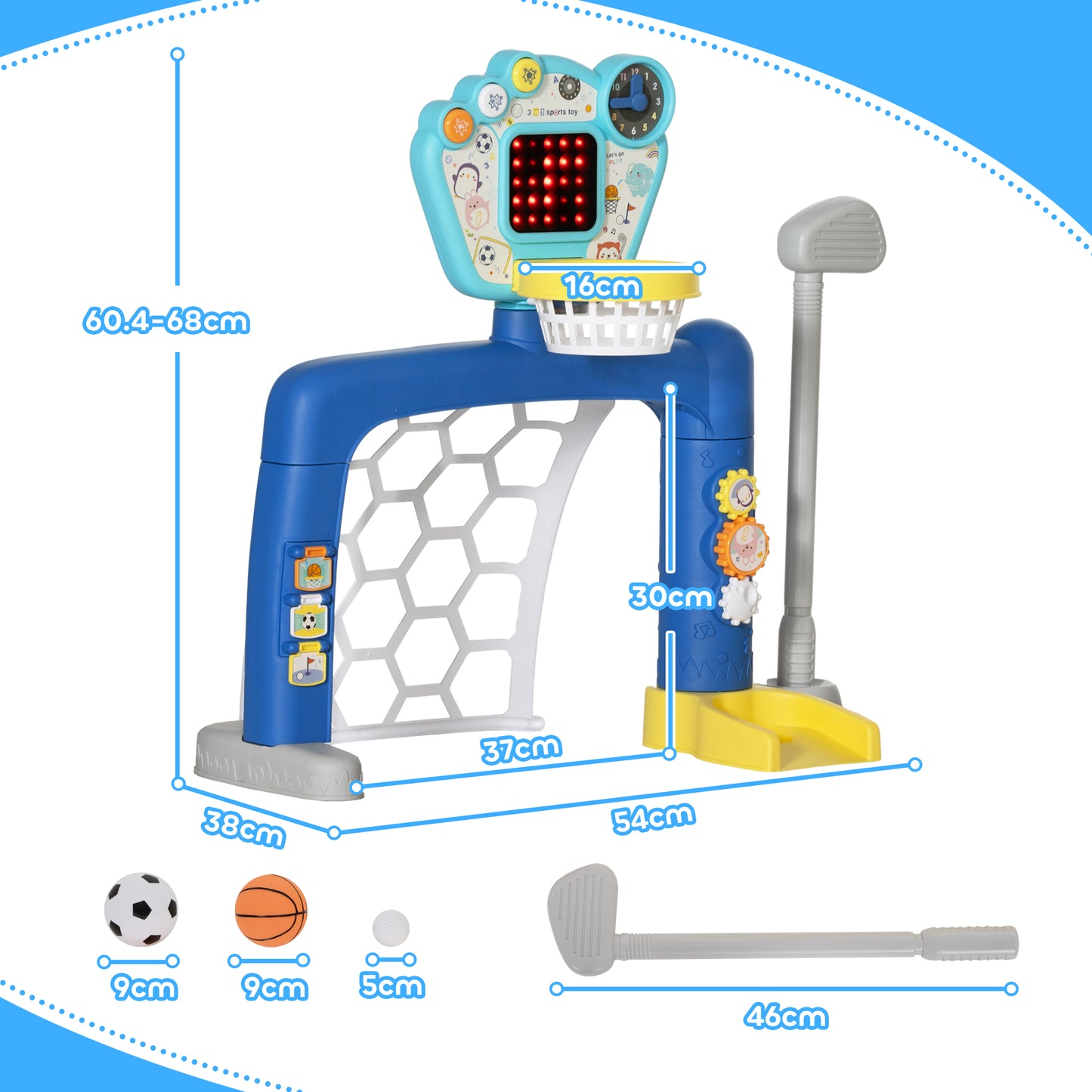 Kids Game with Soccer Net, Adjustable Basketball Hoop and Golf Hole, 54x38.8x60.4-68 cm