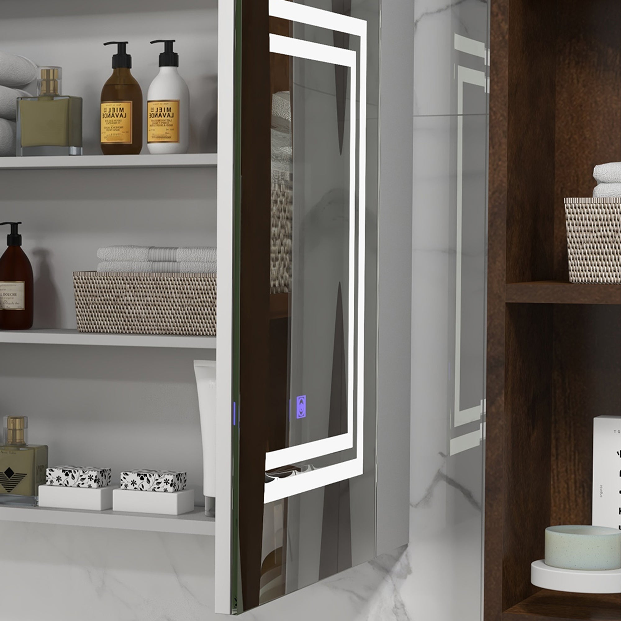 kleankin Bathroom Mirror Cabinet with LED Light, 80 x 65cm Bathroom Cabinet with Mirror, Soft Close Door, 3-Color Dimmable, Adjustable Shelves, Gloss White