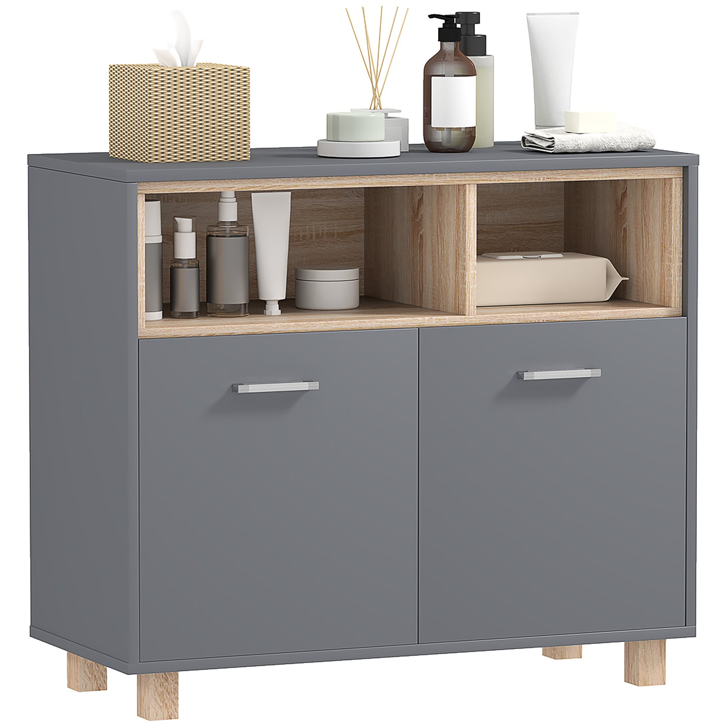 Modern Bathroom Cabinet with Open Compartments and 2-Door Cabinet, 80x35x70 cm, Grey