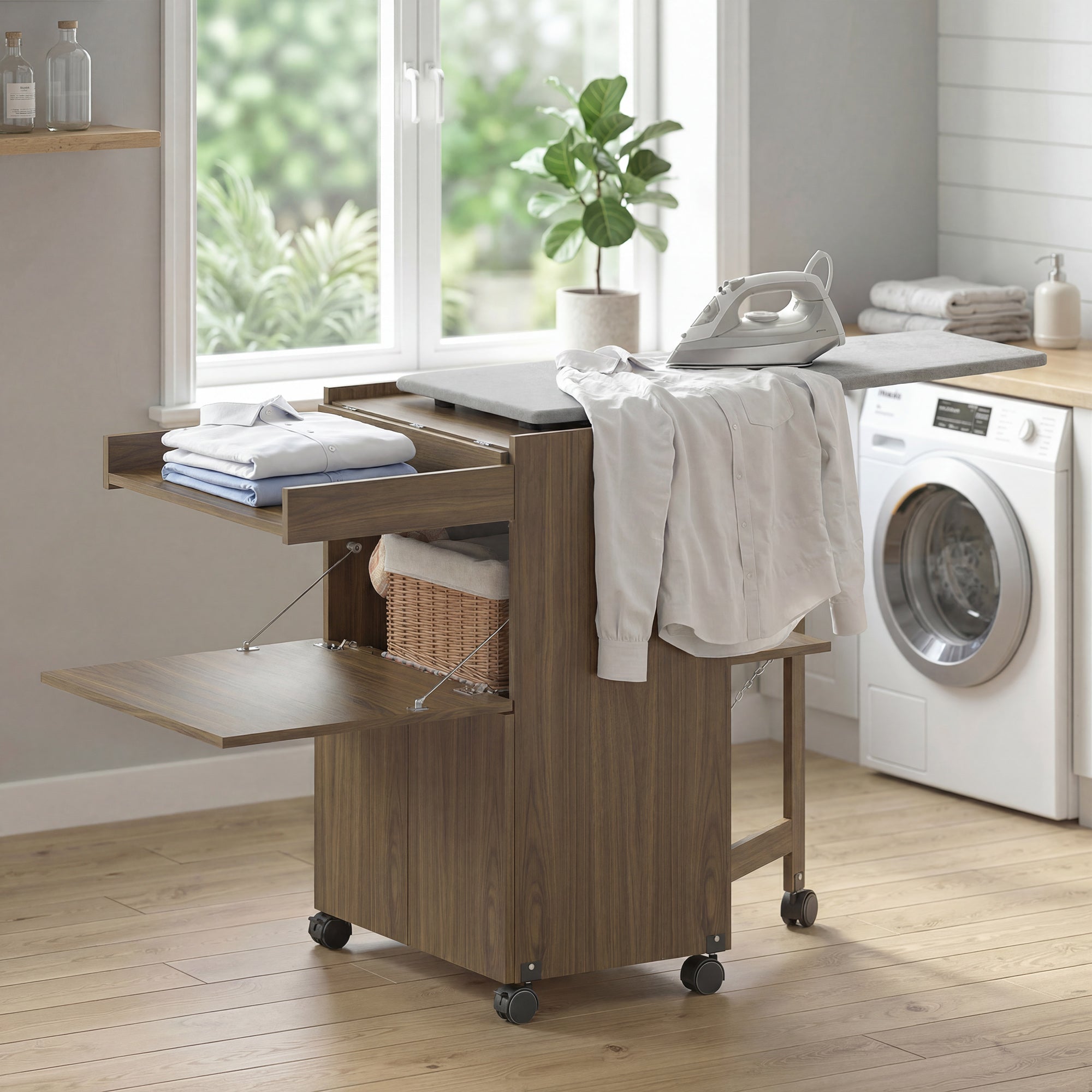 HOMCOM Folding Ironing Board with Iron and Garment Holder with Open Compartment, 154x55x87 cm, Brown