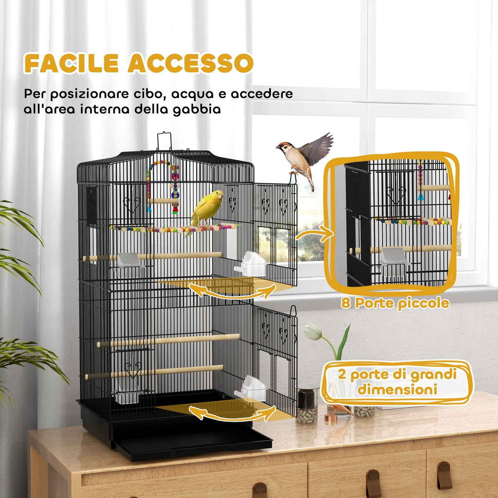 PawHut Bird Cage with Handle, Removable Tray, Wooden Perches, Swing and Bowls, 46.5x35.5x92cm, Black