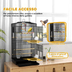 PawHut Bird Cage with Handle, Removable Tray, Wooden Perches, Swing and Bowls, 46.5x35.5x92cm, Black