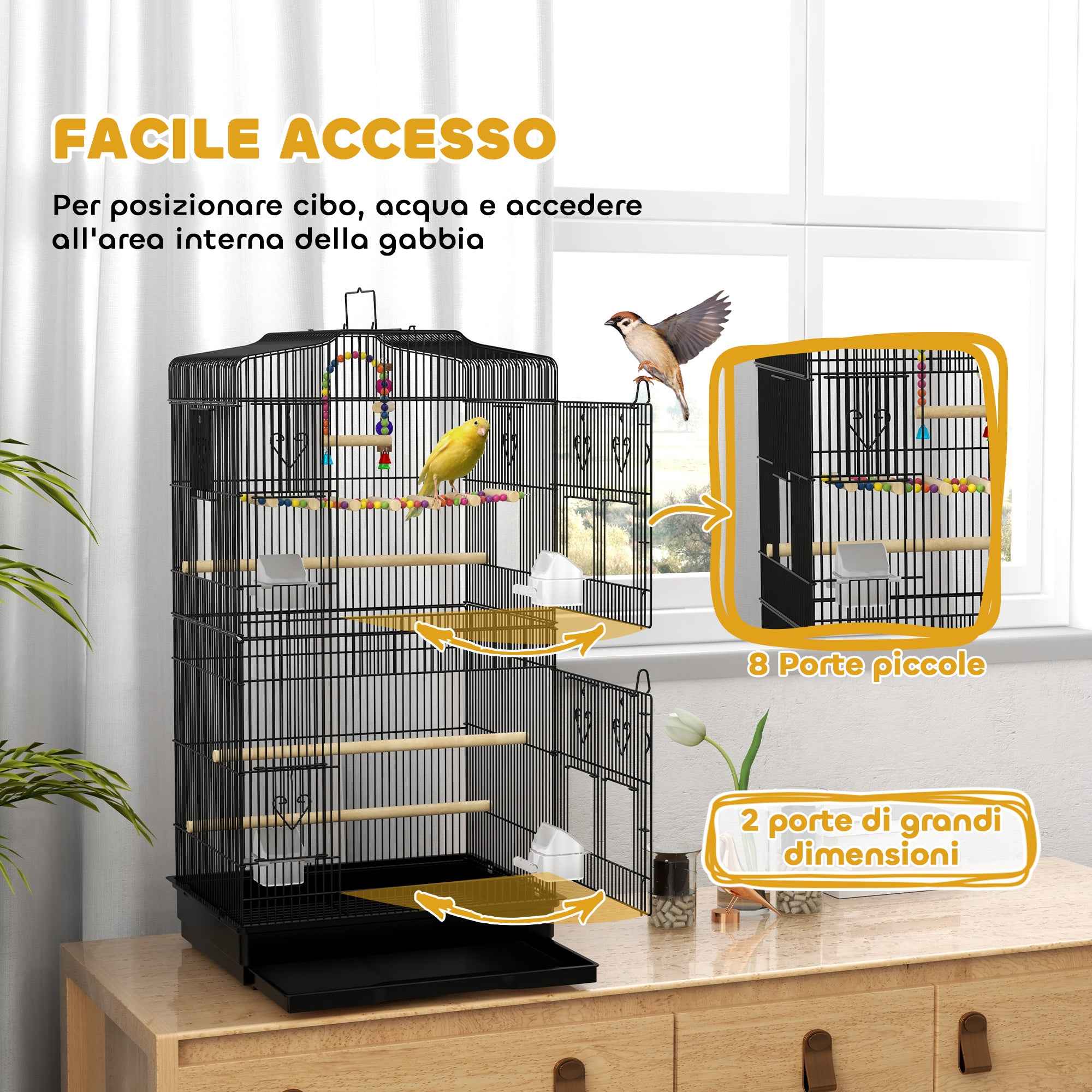 PawHut Bird Cage with Handle, Removable Tray, Wooden Perches, Swing and Bowls, 46.5x35.5x92cm, Black