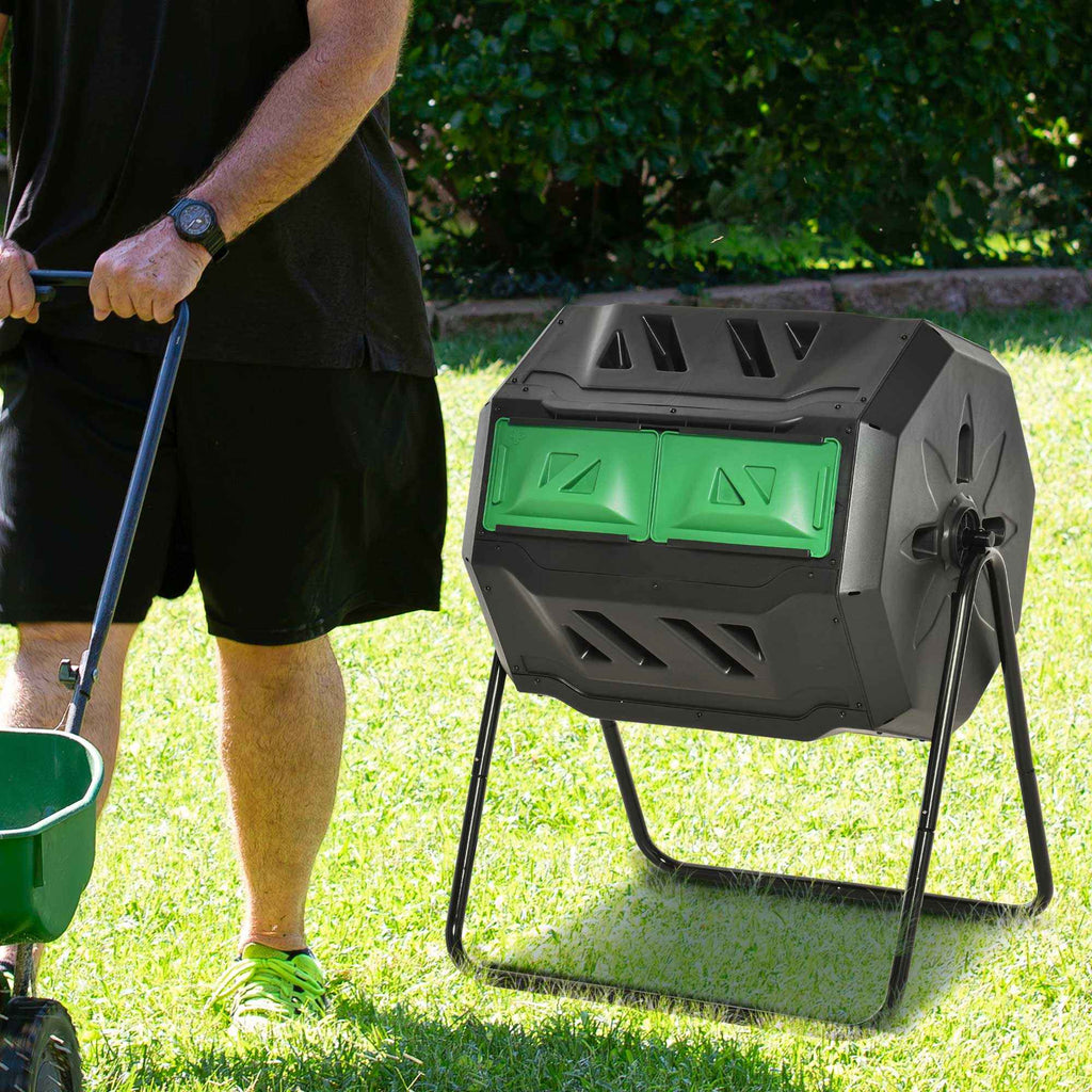 Outsunny 2-Section Rotating Garden Composter with 8 Air Vents, Steel and PP, 71x65x96 cm, Black