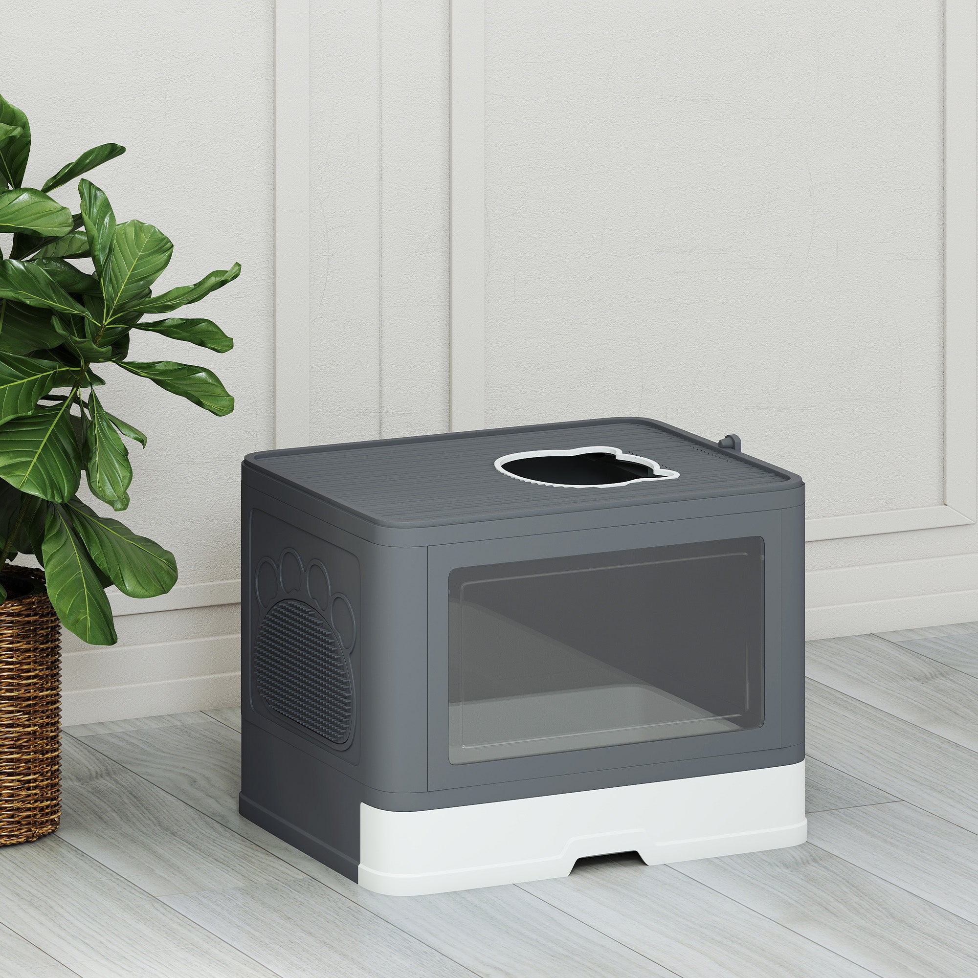 Enclosed Cat Litter Box with Lid and Double Entry, Removable Tray, Scoop and Brush, Grey