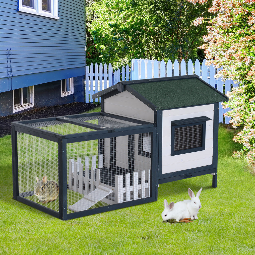Outdoor Rabbit Hutch in Fir Wood with House and Exercise Area, 151x78x84.5 cm, Green and White