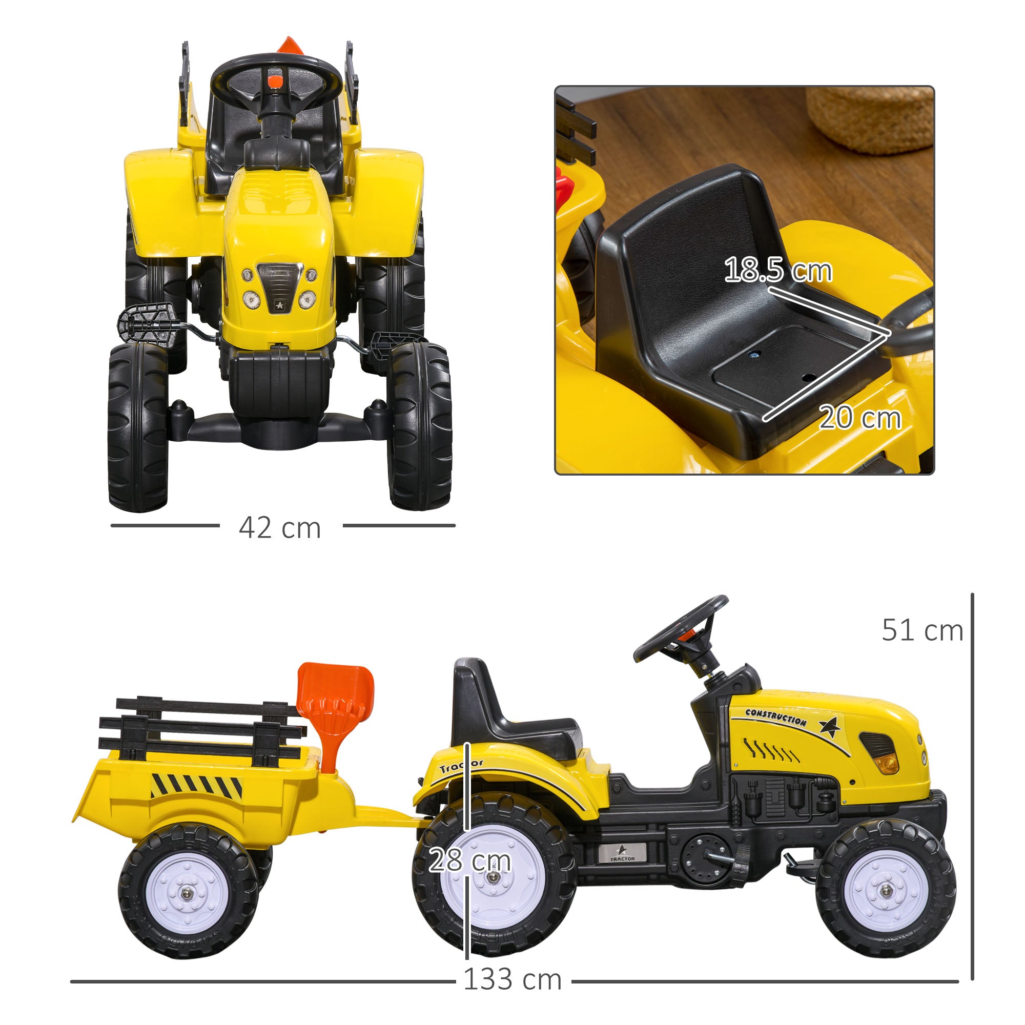 Pedal Tractor for Children from 3+ Years with Trailer, Rake, Shovel and Horn, Yellow
