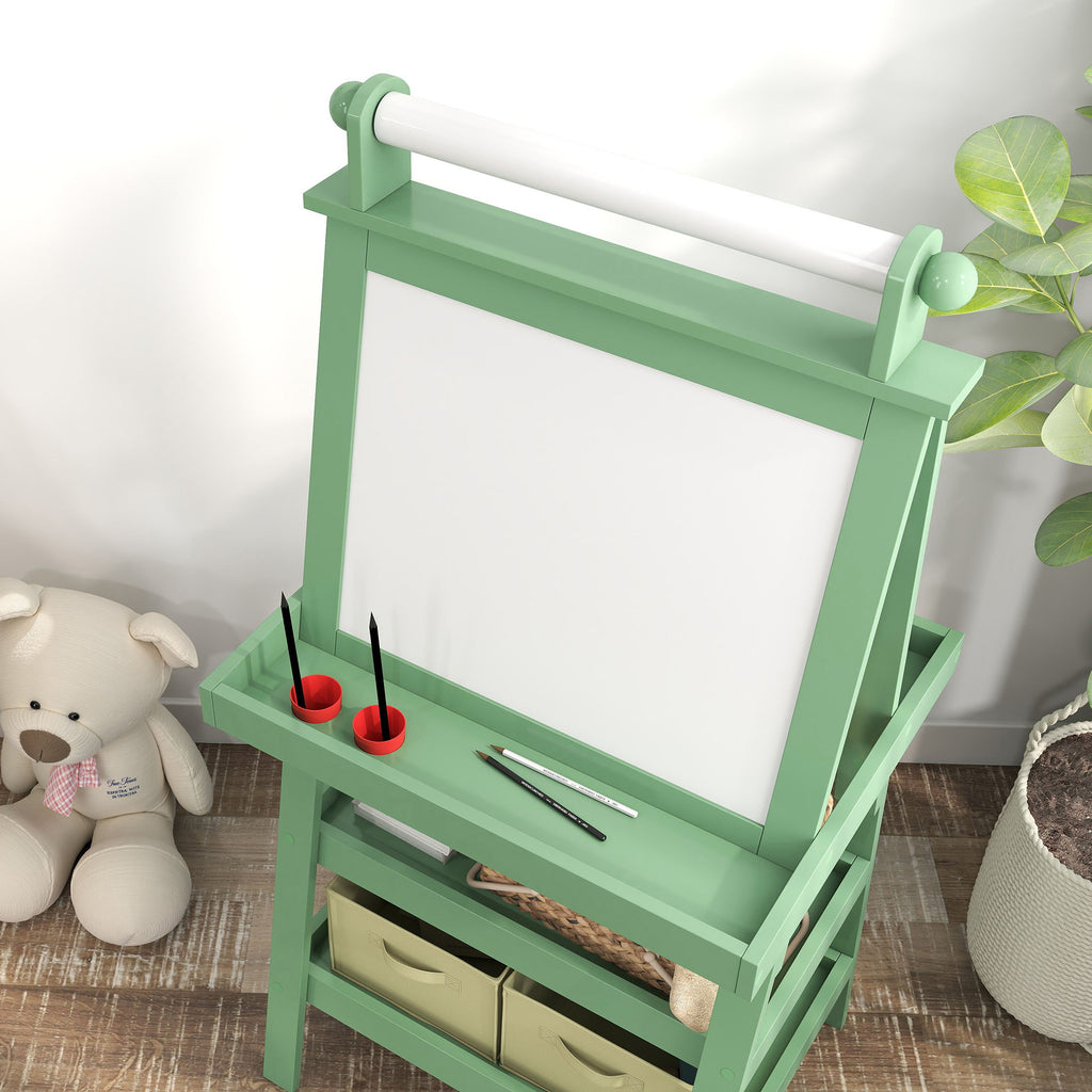 3-in-1 Children's Easel Blackboard, Paper Roll and 2 Containers, Wooden, 59x48x118 cm, Green