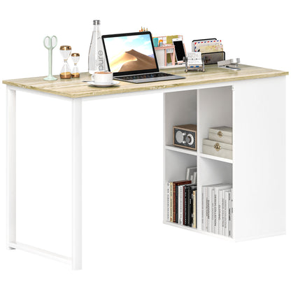 Space-Saving Computer Desk with 4 Open Shelves, Wood and Steel, 120x54x75 cm, White and Oak