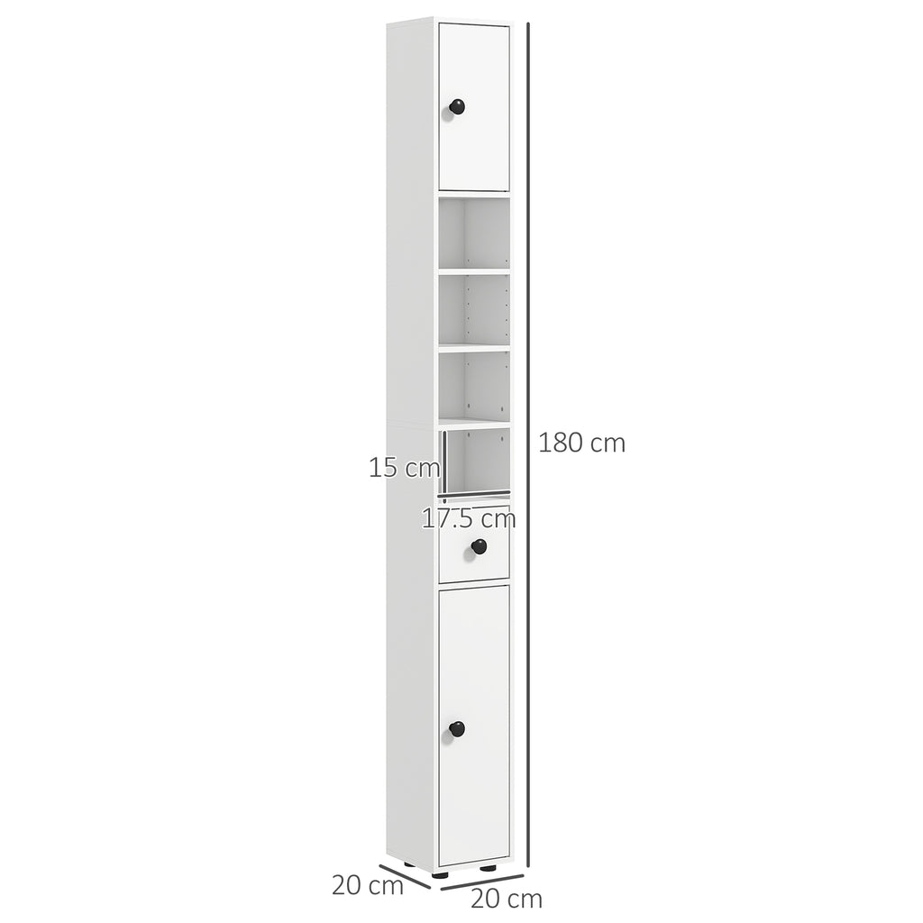 kleankin Bathroom Cabinet with Drawer, 2 Cabinets and 4 Open Shelves, Wooden, 20x20x180 cm, White
