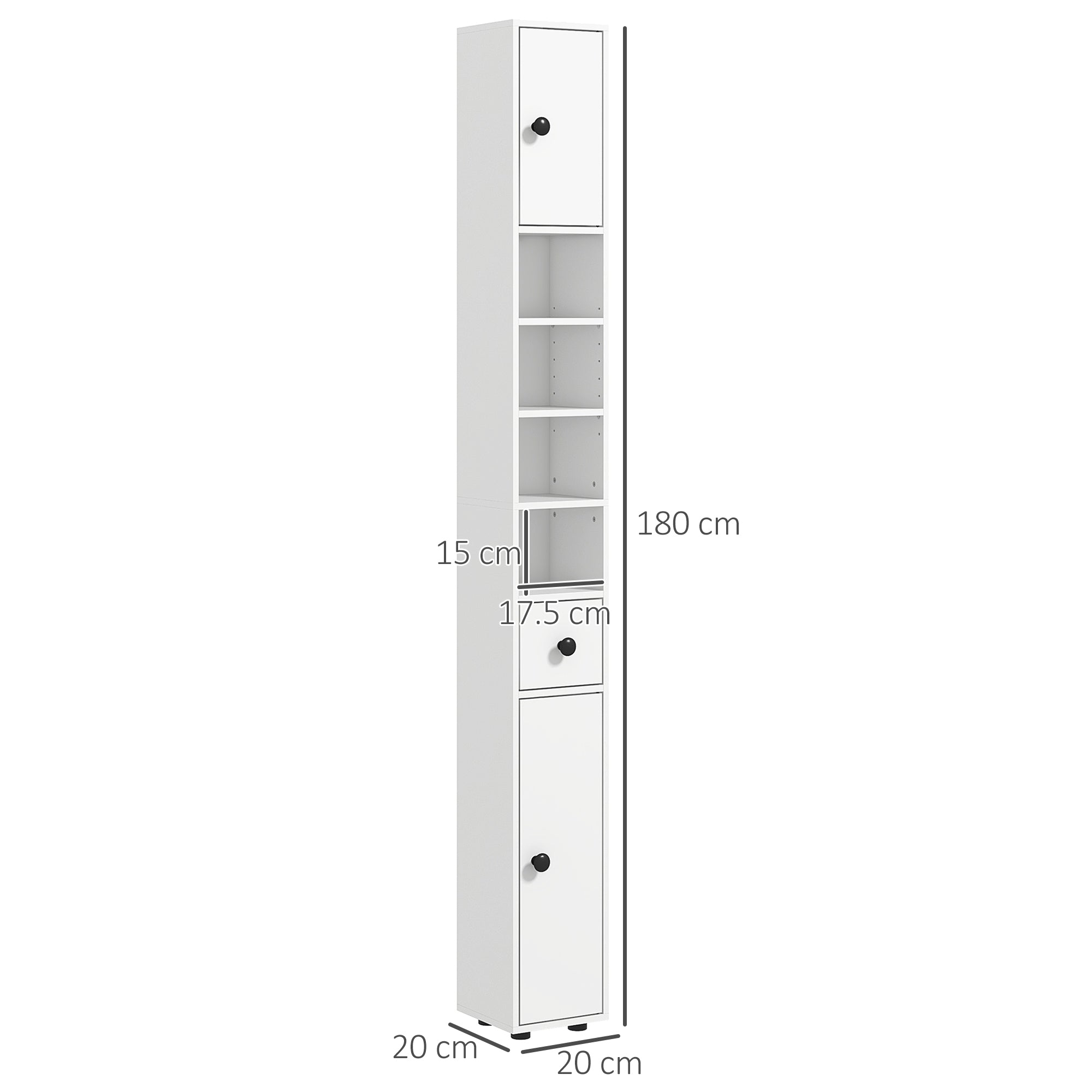 kleankin Bathroom Cabinet with Drawer, 2 Cabinets and 4 Open Shelves, Wooden, 20x20x180 cm, White