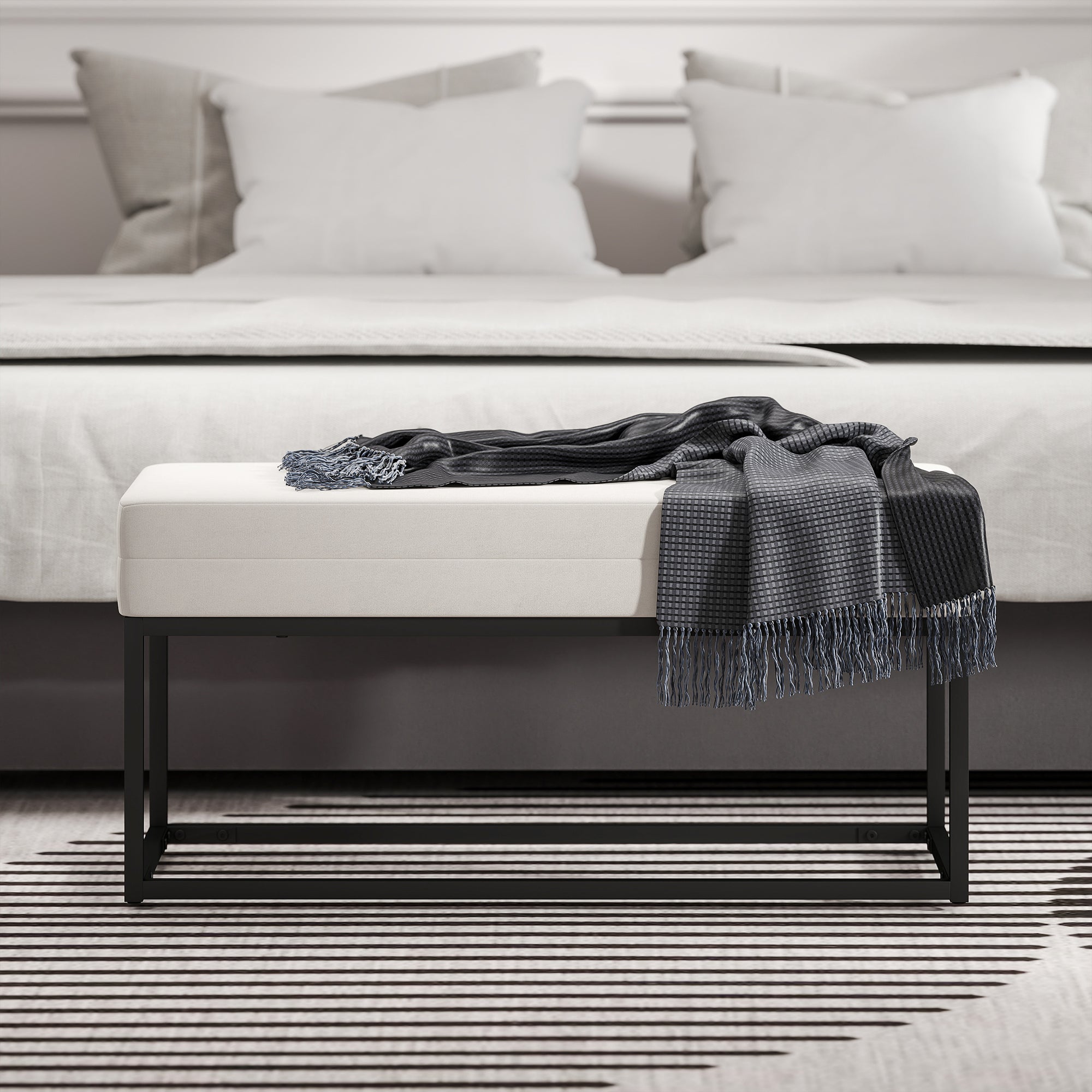 Modern Steel, Sponge and Velvet Fabric Entrance Bench with Adjustable Feet, 94x42x44 cm, Cream