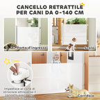 Gate for Small Dogs Extendable 0-140x86.5 cm and Retractable with Automatic Lock, White