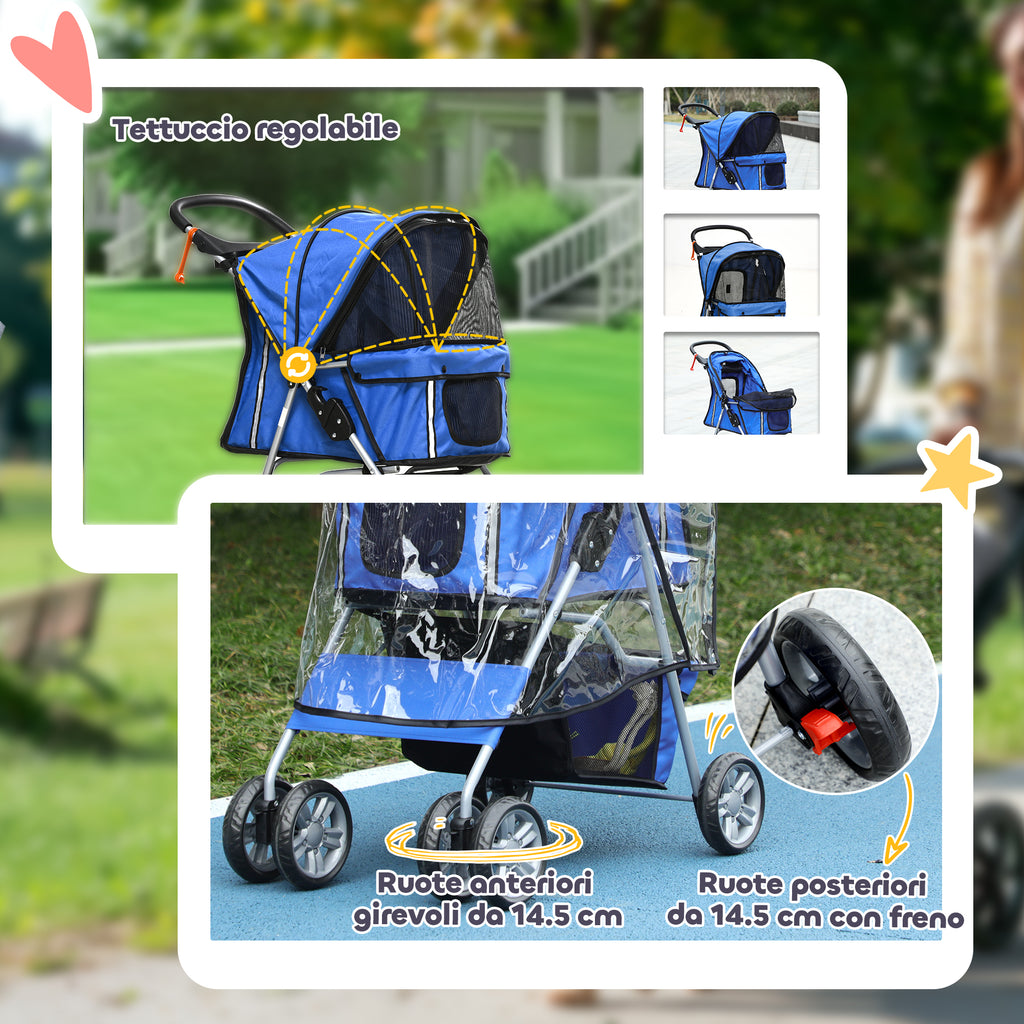 Folding Dog Stroller with Rain Cover, Swivel Wheels and Brakes, Blue