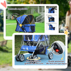 Folding Dog Stroller with Rain Cover, Swivel Wheels and Brakes, Blue
