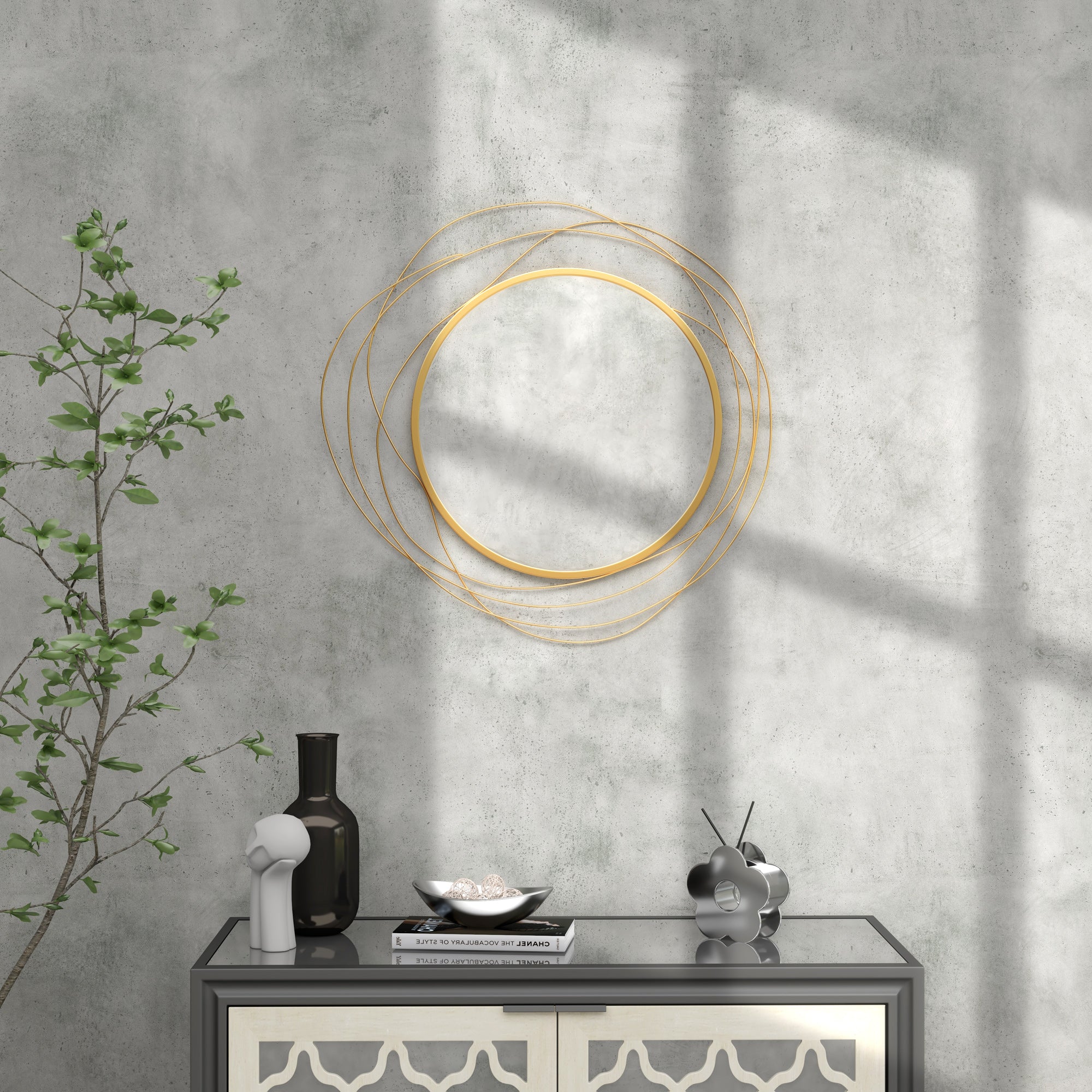 HOMCOM Modern and Round Decorative Wall Mirror with Hooks, in Glass and Metal, Ø65x1 cm, Gold - Borgè