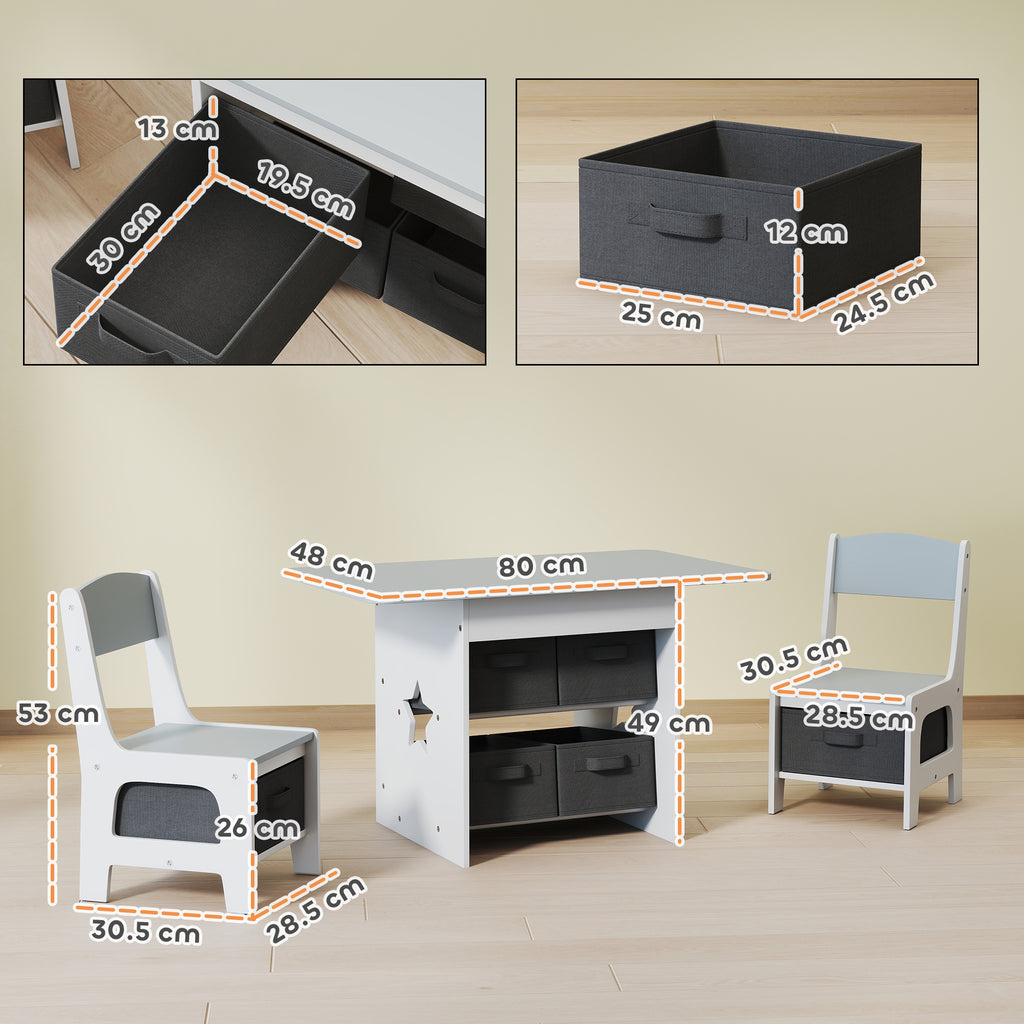 Children's Table and Chair Set for 3-8 Years Old with 6 Drawers and Rounded Edges, in Wood and Fabric, Grey and White