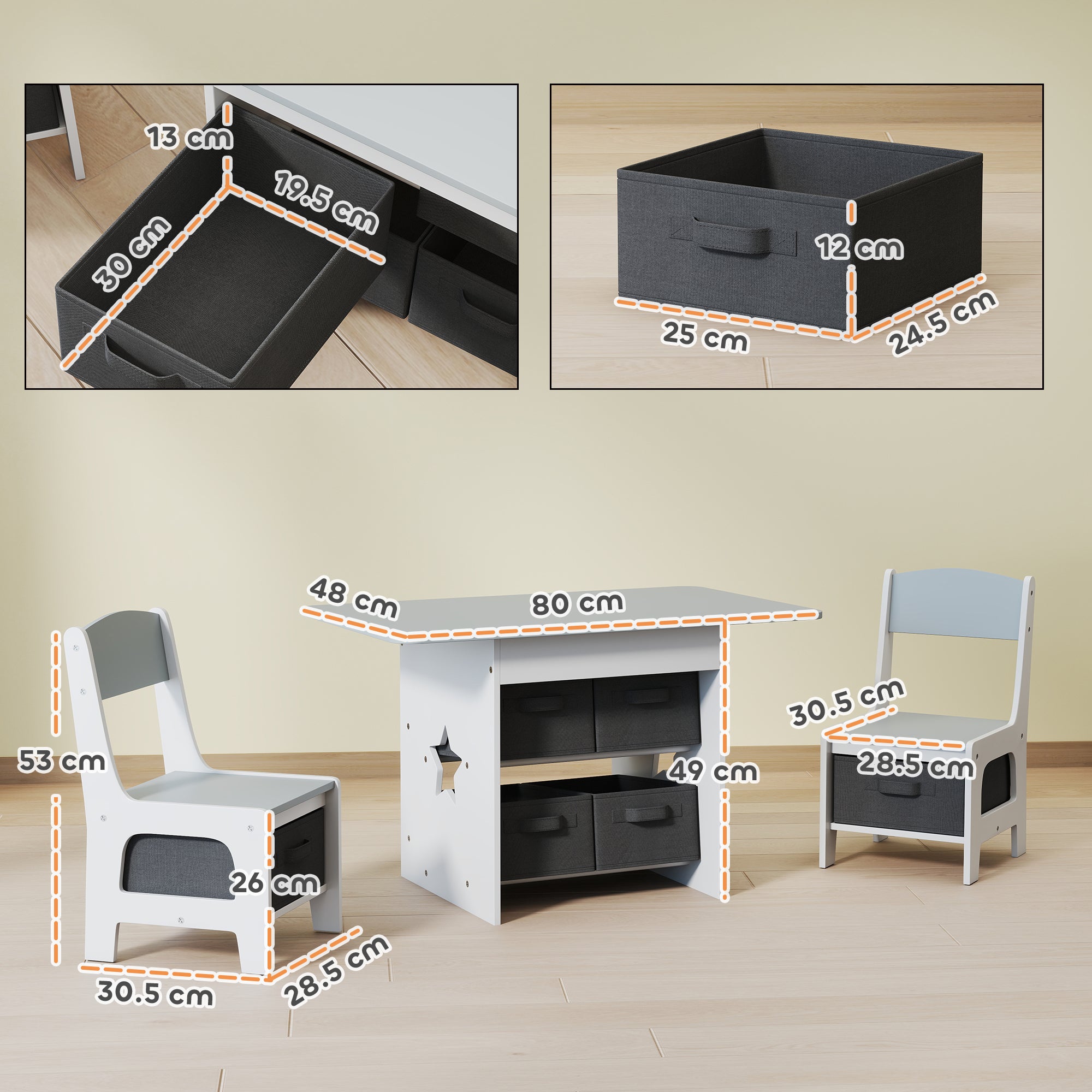 Children's Table and Chair Set for 3-8 Years Old with 6 Drawers and Rounded Edges, in Wood and Fabric, Grey and White