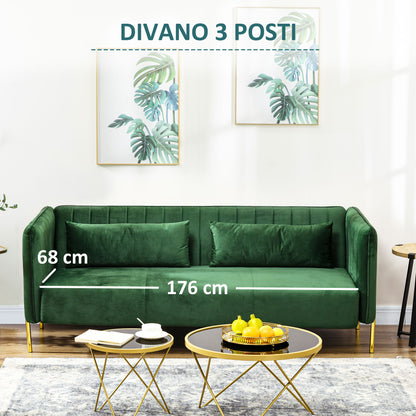 DELUX | 3 Seater Green Velvety Fabric Sofa with padded cushions | 200x88x76 cm - Borgè