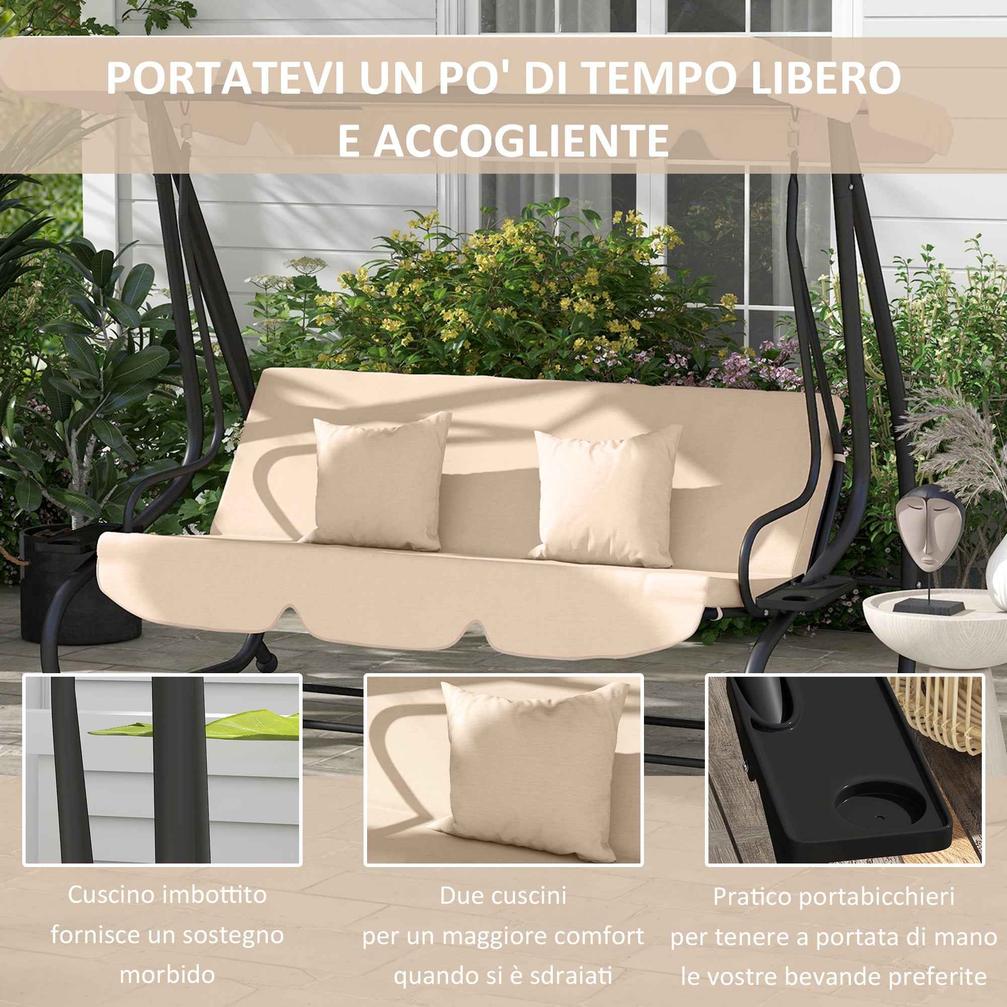 Outsunny 3-Seater Garden Swing Bed with Adjustable Canopy and Tray, 200x120x164 cm, Light Brown