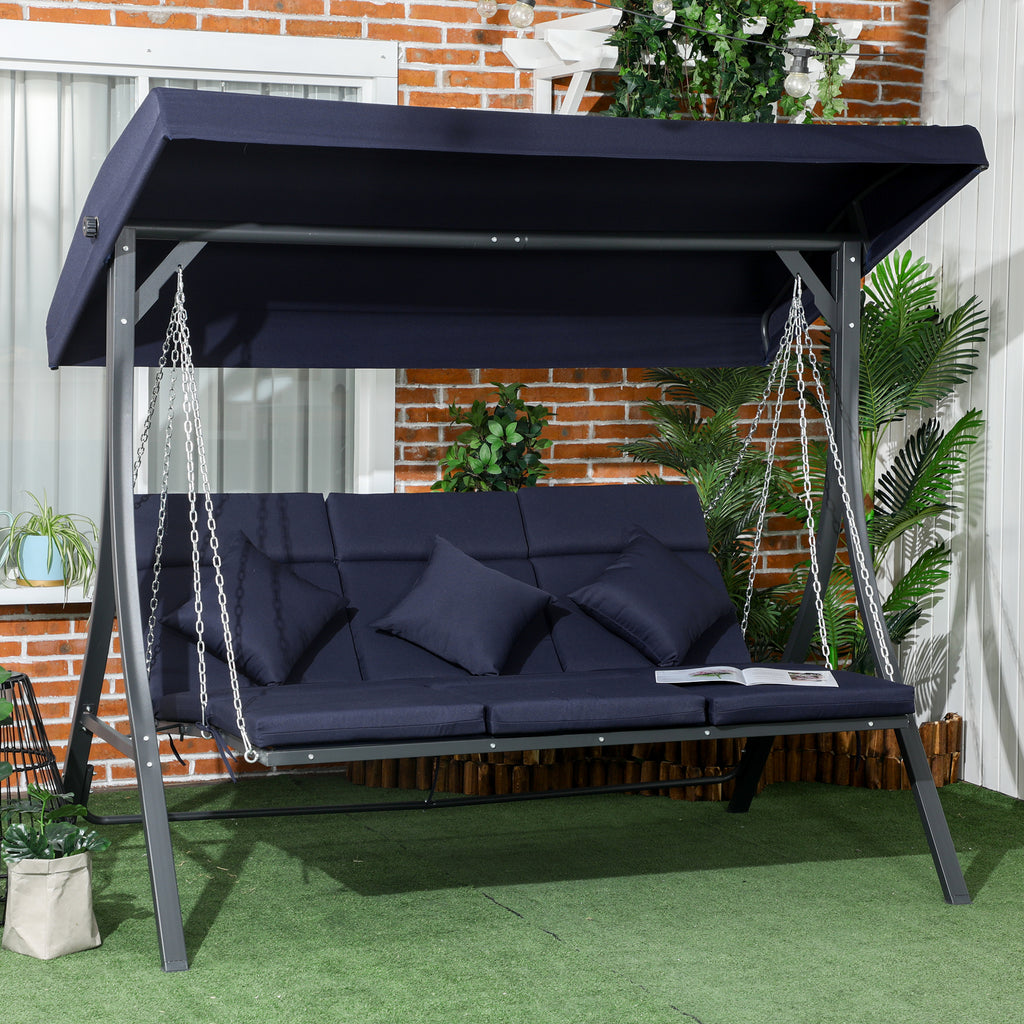 3 Seater Garden Swing with Cushions, Chaise Longue Seat and Canopy, 198x118x168 cm, Dark Blue