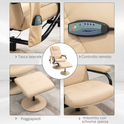 Relaxing Chair with Footrest, Reclining Armchair 145° with 10 Massage Points and Remote Control in Faux Leather, Cream