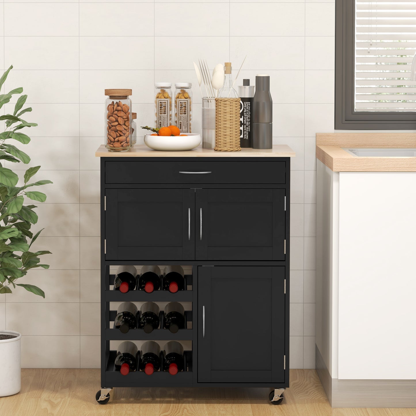 Wooden Kitchen Trolley with Bottle Holder, 3 Doors and Drawer, 67x37x87 cm, Black and Oak