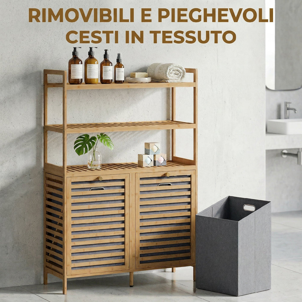 HOMCOM Tiltable Double Laundry Cabinet, Bamboo, 2 Baskets, 3 Shelves, Oak Color