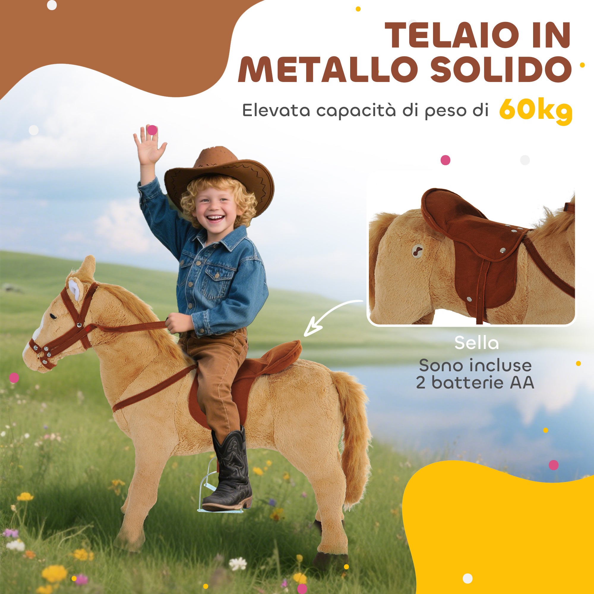 Toy Horse with Realistic Sounds, Saddle, Bridle and Footrest, 85x28x60 cm, Beige